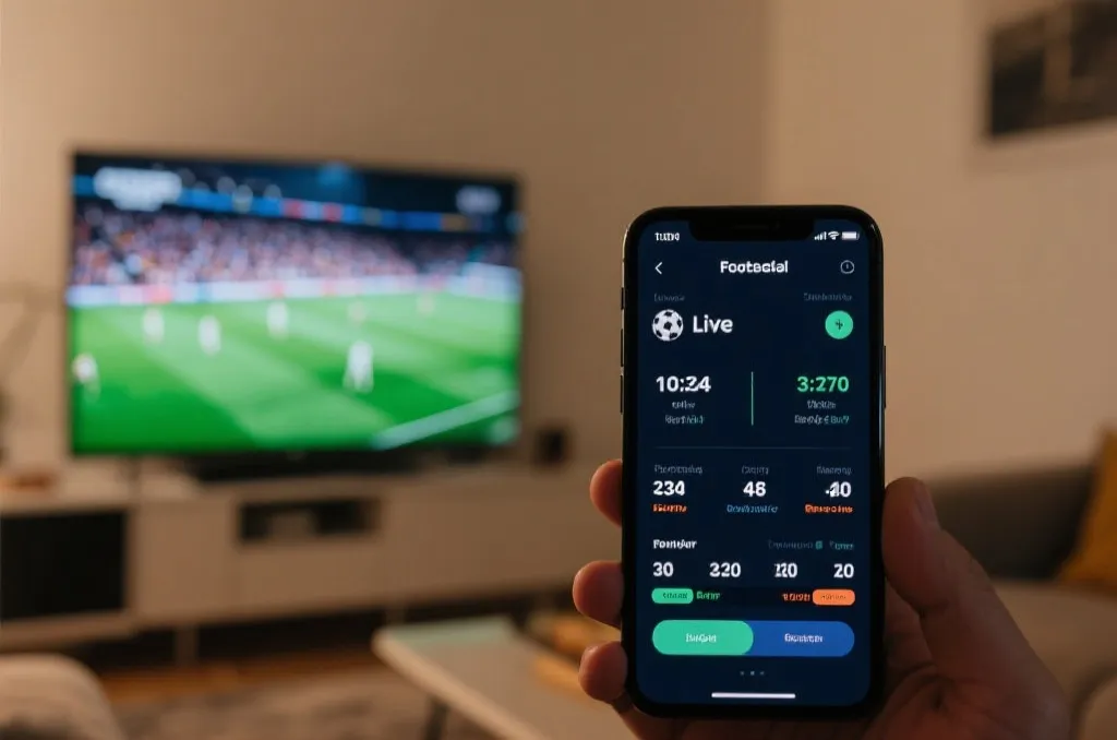 A generic living room setting with a large TV screen displaying a soccer game and a smartphone showing match statistics.